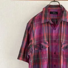 配色◎ 総柄 チェックシャツ ピンク×パープル 古着 オーバーサイズ ジャガードのサムネイル