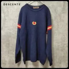 90s　DESCENTE　ニット　セーター　刺繍ロゴ　ライン　ネイビー　Lのサムネイル