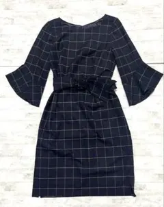 【新品タグ付き】JUSGLITTY ネイビー チェック柄 ワンピース ベルト付き