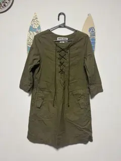 MUVEIL WORK レースアップ 七分袖 ワンピース カーキのサムネイル