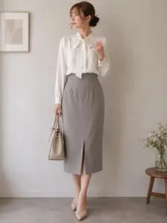 【大人綺麗】グレージュ ロングタイトスカート F ウエストゴム スリット 美品