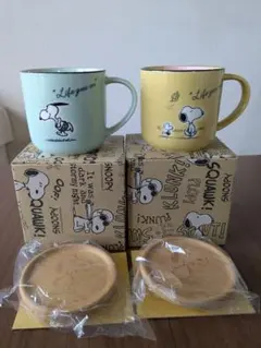 スヌーピー　コースター付マグ　グリーン・イエロー　箱付き