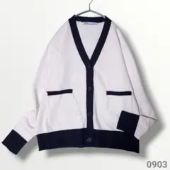 美品 ZARA ザラ バイカラー ニット カーディガン ネイビー ホワイト