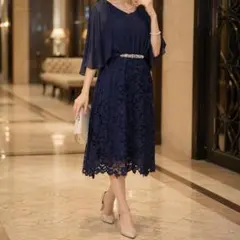 【DRESS+】　パーティードレス L ネイビー パール レース 上品 お洒落
