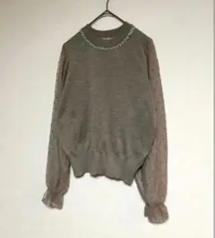 axes femme アクシーズ　袖レース パールニット M 春シースルーシャツ