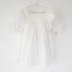 vintage 古着 ホワイト レース スクエアカラー フリル 半袖 ブラウス 