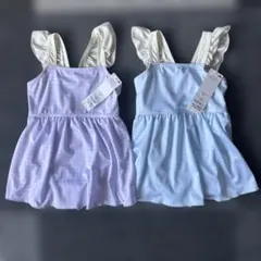 新品タグ付き　女の子　110㎝　ワンピース　水着 紫　水色　双子　2枚　チェック