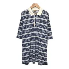 激レア　90s AXY MIZUNO ビンテージ半袖ポロシャツ　総柄ロゴ　紺色