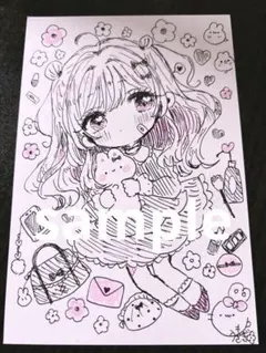 オリジナルイラスト【お花とピンクの女の子】 ハガキサイズ一枚のサムネイル