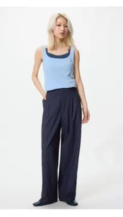 試着のみ 新品同様 ユニクロ タックワイドパンツ ネイビー 紺 S ⑤