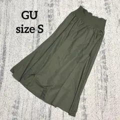 【GU】ロングスカート シャーリング フレア S カーキ 298328 ゴム