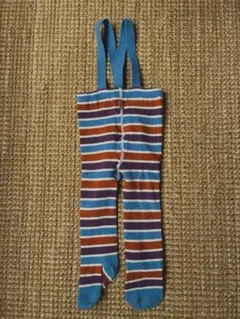 サスペンダー付きベビータイツ 青茶ストライプ　70 80