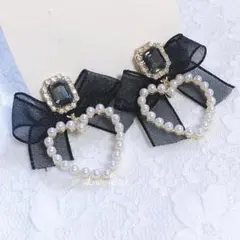 No.97A キラキラビジューハートパールリボンピアス 韓国 量産型 地雷 春夏