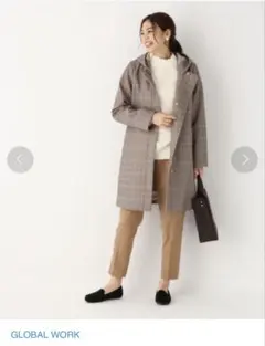 GLOBAL WORK チェック柄ロングコート フード付き