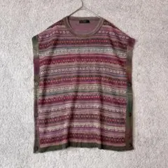 ニットベスト　総柄　ボーダー調　マルチカラー　リブ裾　プルオーバー　LL〜3L