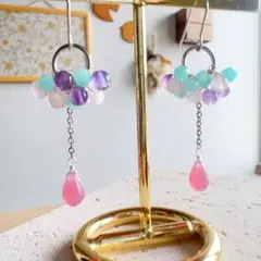 天然石ピアス　チャーム　ひと雫の果実〜花霞〜　ローズクォーツ　アマゾナイトシリカ