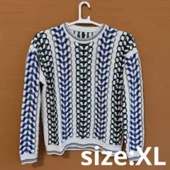 個性的 総柄 多色編み込みデザイン ニットセーター XL 3D