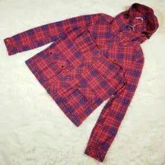 【オフオン】✨️美品✨️秋服 フード付き 赤青チェックジャケット コート L