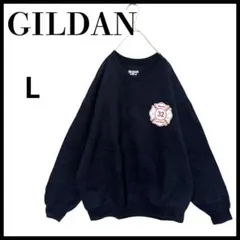 GILDAN ギルダンバックプリントスカルデザインスウェットトレーナーネイビーL