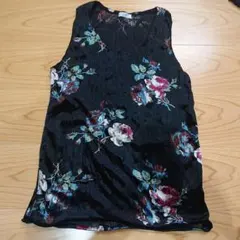 レディース　ノースリーブ　タンクトップ　Lサイズ　花柄　黒