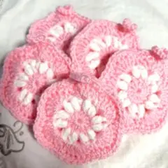 ピンクの花模様アクリルたわし5個セット