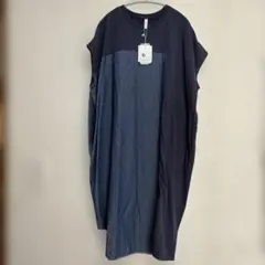 ネイビー デニム 切り替え 半袖ワンピース