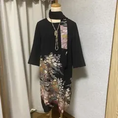 黒留袖 リメイクボレロ付きロングドレス 花柄刺繍 リボン付き 地紙花車