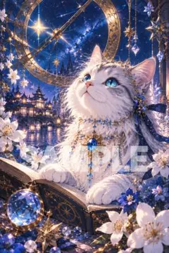 1651 幻想的な白猫と星空 アニメ風アート 2L判 宝石 ファンタジー 猫