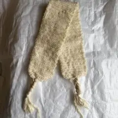 手織りアイボリー色マフラー フリンジ付き