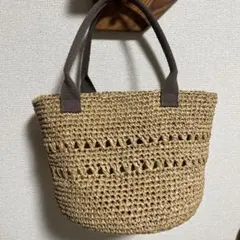 ベージュのかごバッグ（ダークブラウンハンドル）　ハンドメイド　夏バッグ