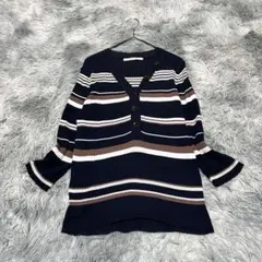 【stola./ストラ】ハーフボタンニット ネイビー ボーダー柄Fフリー【美品】のサムネイル