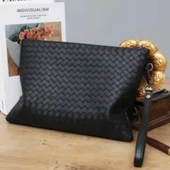 【少し訳あり】クラッチバッグ 編み込み風 ブラック セカンドバッグ ユニセックス