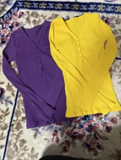 リブ編みVネック長袖Tシャツ2色セット　2枚セット