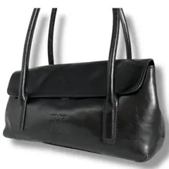 ✨️美品 HIROFU ハンドバッグ オールレザー ブラック Hロゴ フラップ付 ヒロフ H ロゴ レザー トート バッグ ブラック系【中古