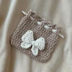 【匿名配送】ハンドメイド 巾着 ポーチ リボン 編み物 新品 ブラウンホワイト