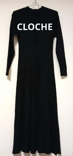 CLOCHE ブラックリブ編み長袖ニットワンピース