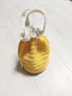 ハンドメイド かぎ針編み 持ち手付き巾着袋 イエロー ホワイト