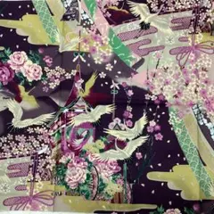 YUMA花舞物語　友禅風花柄生地 着物地風生地　桜と鶴とボタン生地　和柄生地