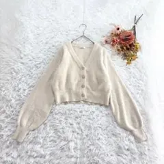 INGNI パールボタンシャギーニットカーディガン ショート丈 ボリューム袖