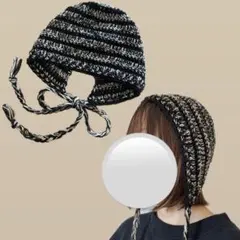 【一点物】 ハンドメイド ボンネット バラクラバ ニット帽 ボーダー 黒