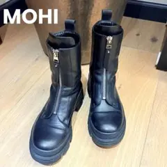 MOHI 牛革 ブーツ フロントジップミドルブーツ 厚底 ブラック 23.5cm