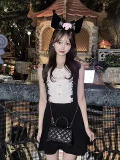 フラワーレース フリル襟 ブラック Aライン ドレス 韓国 黒 ミニワンピース