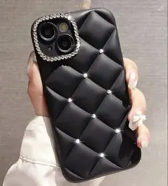 【即購入OK】iPhoneケース ラインストーン キルティング 黒 マット