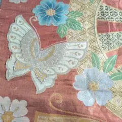 蝶と花の刺繍 袋帯 ピンク系 振袖 結婚式 成人式 可愛い✨