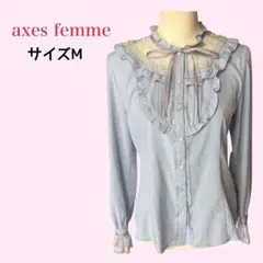 axes femme レースブラウス くすみブルー フリル ボウタイ ガーリー