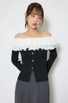 rienda プリーツレースオフショルオフショルニットトップスのサムネイル