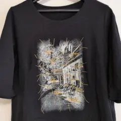 リリアンビューティー、美品パリの街並みプリント 綿100%Tシャツ黒のサムネイル