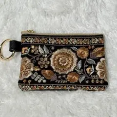 ハンドメイドポーチ　小物入れ　花柄　インド刺繍リボン