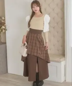 Ambre Neige チェックスリットフレアスカート ブラウンのサムネイル