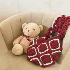 薔薇 フリル ニット トート バッグ 編み物 フラワー 赤 ガーリー 韓国